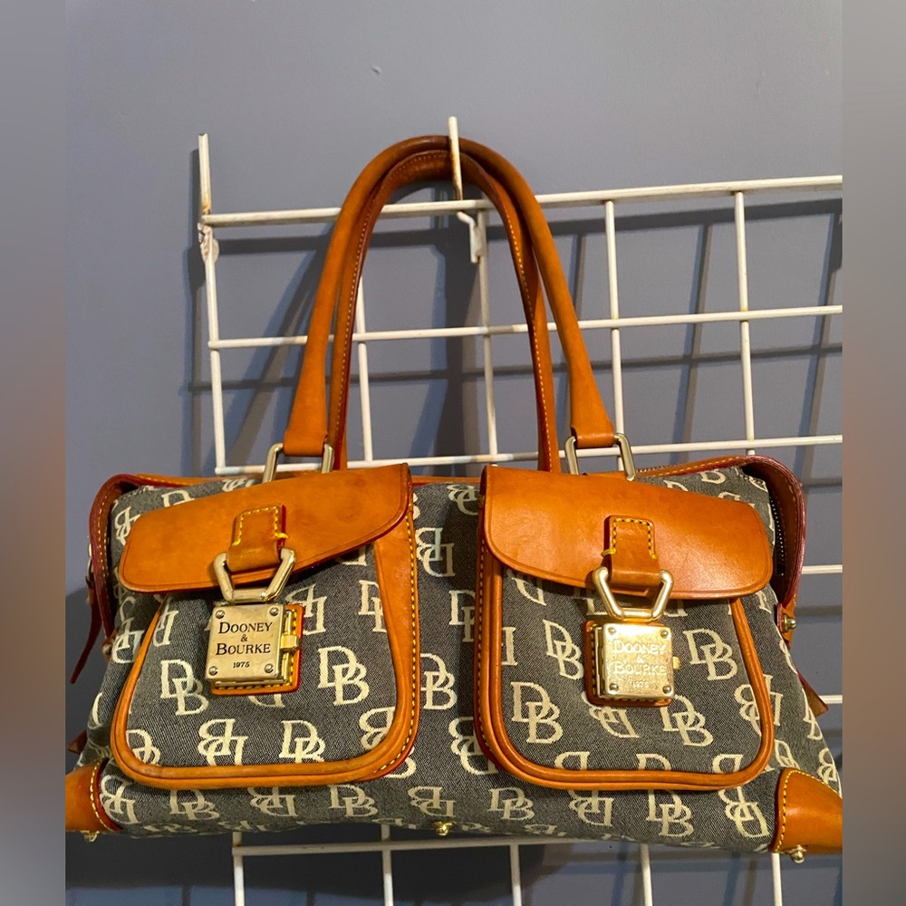 Dooney and Bourke Blue Denim Tan Satchel Monogram with 2 front pockets